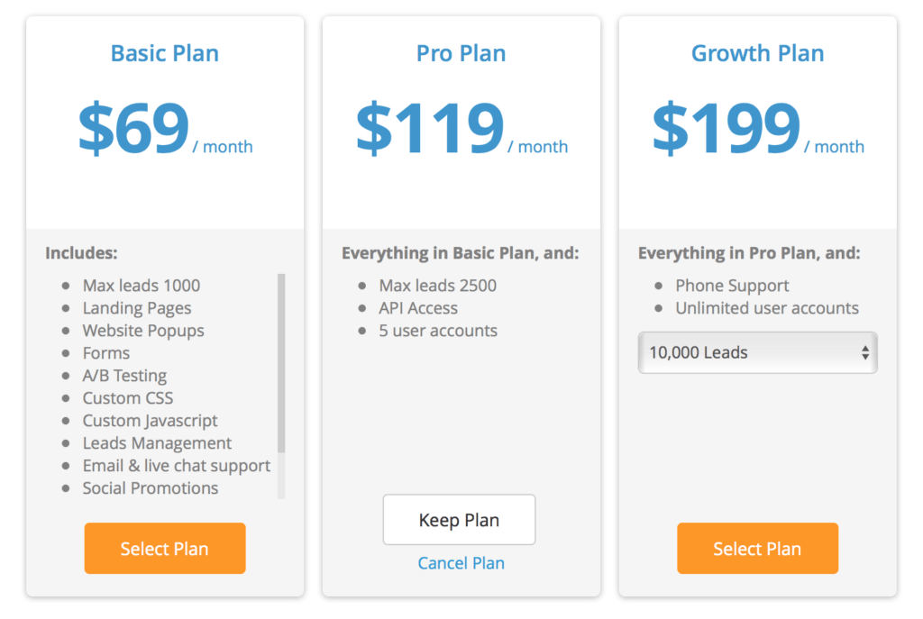 Wishpond Pricing Table